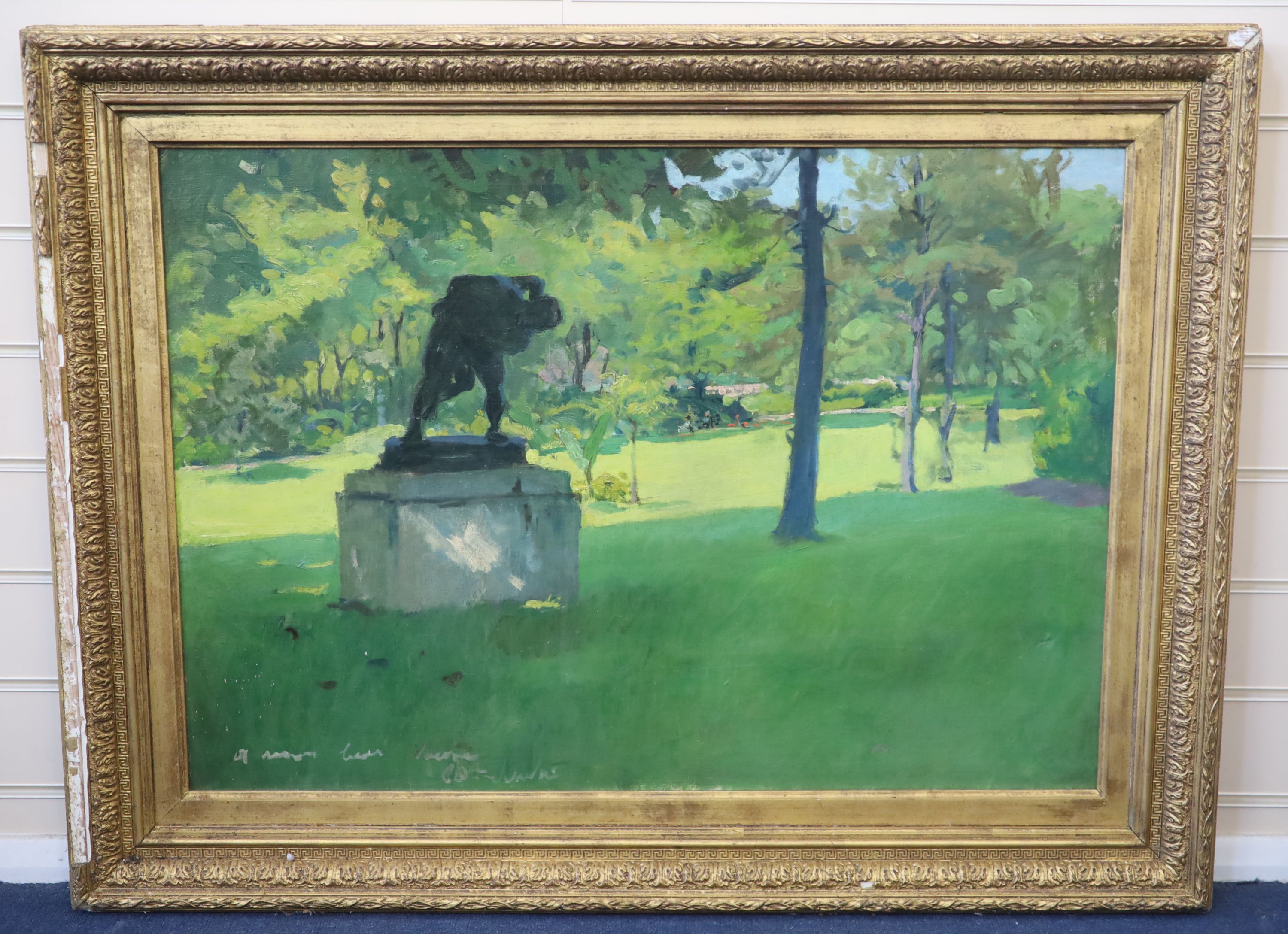 French School circa 1900, Rodin statue in a park, Oil on canvas, 55 x 79cm.
